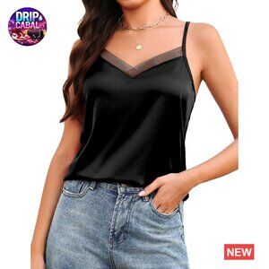 Silk Satin V Neck Camisole Adjustable Straps Mesh Panel Elegant Chic